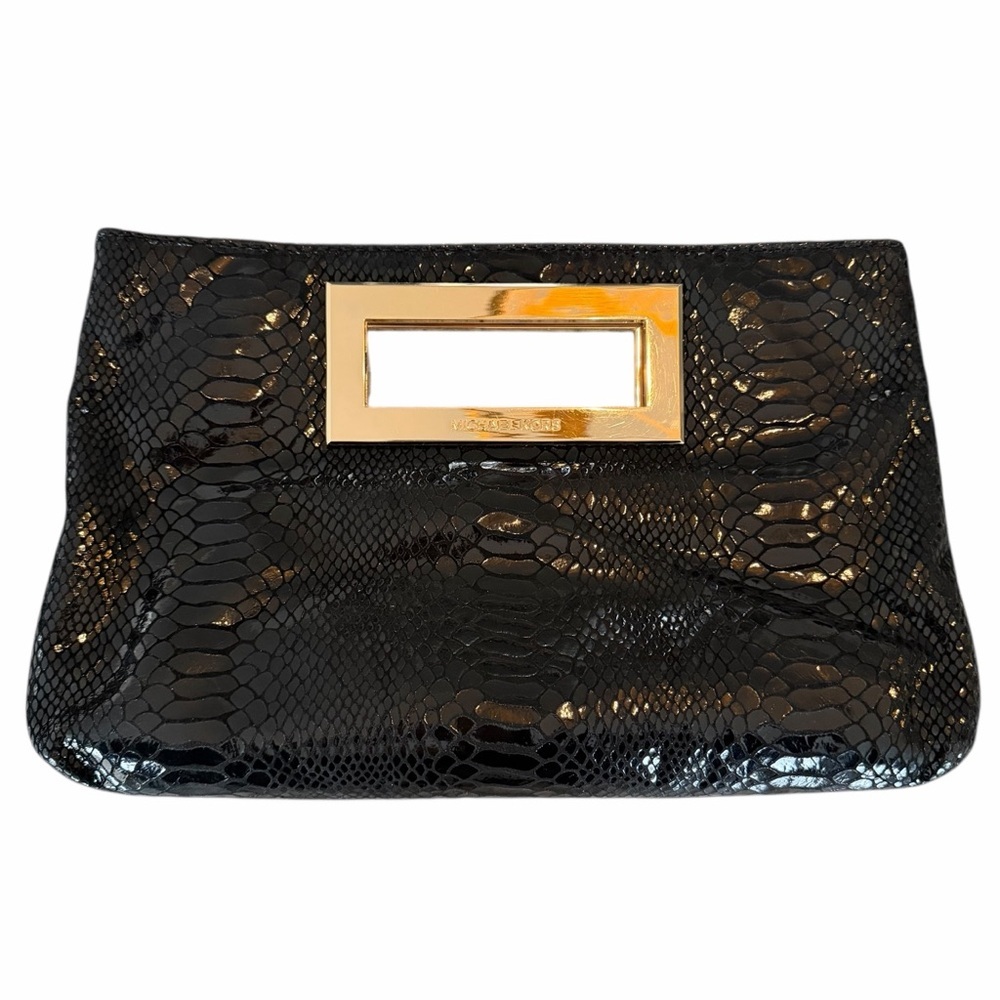 Michael Kors Berkley Clutch Bag Black Snakeskin Leather Square Gold Handle - Picture 2 of 7